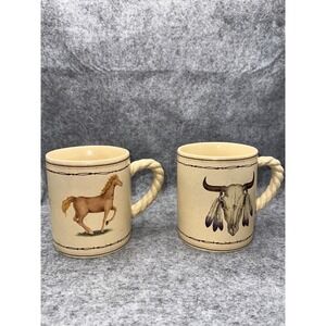 World China Western Mug Set Horse Steer Skull Rope Handle Barbed Wire 2pc Cream